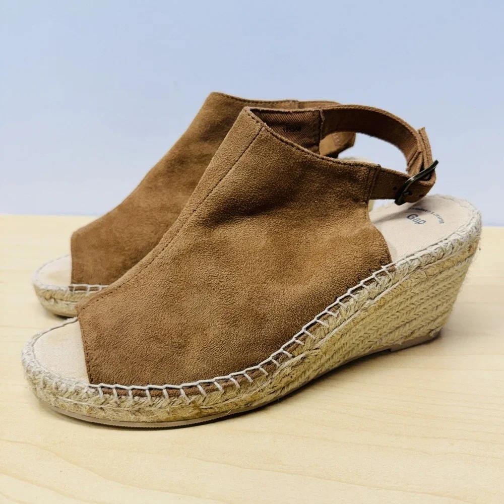 Gap Suede Espadrille Sandals, Size 7, Camel Brown Peep Toe‎ Slingback Wedges